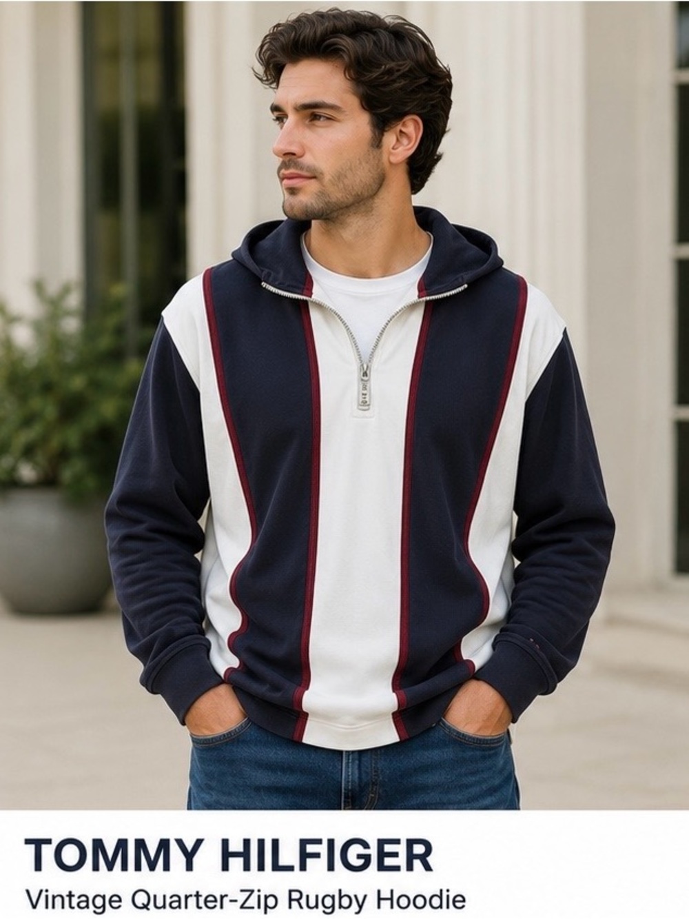 VTG Tommy Hilfiger Quarter-Zip Rugby Shirt | Men’s Medium | Navy White Burgundy